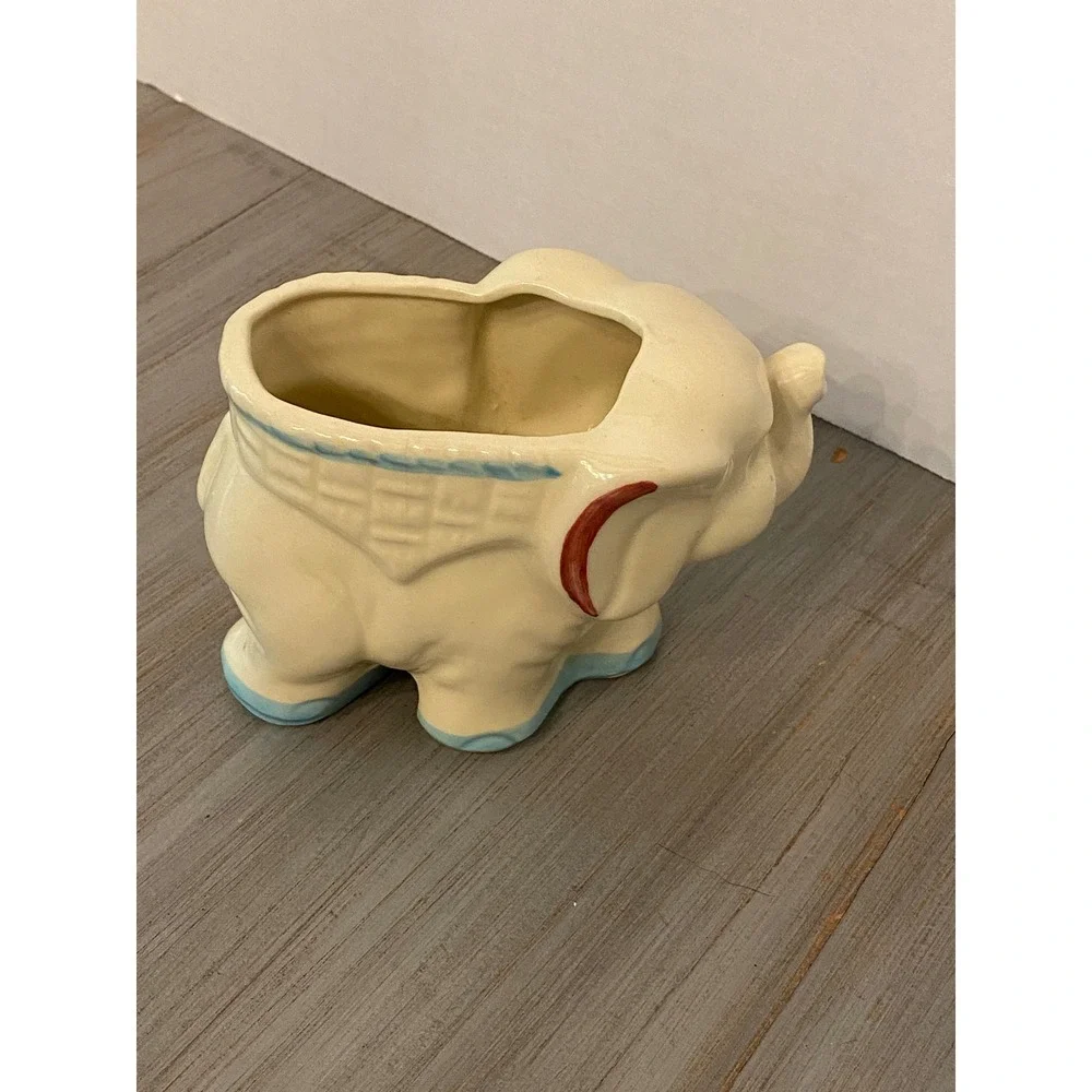 Vintage USA Ceramic Elephant Planter Cream Blue Red Mid Century Pottery Novelty